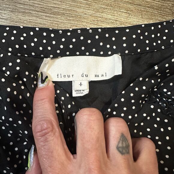 Fleur Du Mal Silk Black Polka Dot Love Bound Mini Skirt Strawberries Sz S Size 4 - Picture 2 of 3